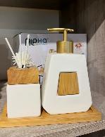 distributeur de savon Blanc mat et bois naturel